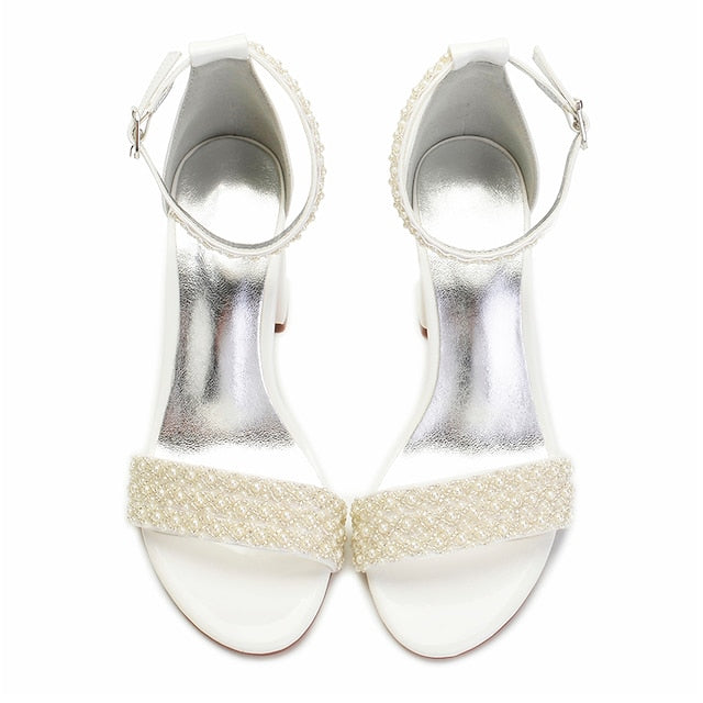 Ankle Block White Ivory Strap Embellished Women's Pearl