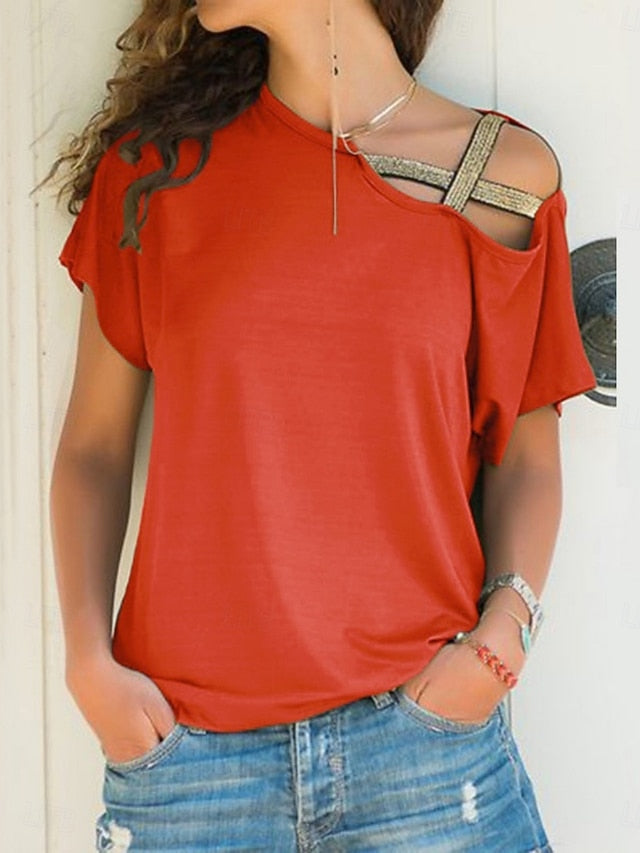Women's Shirt Blouse Off The Shoulder Tops Patchwork Solid