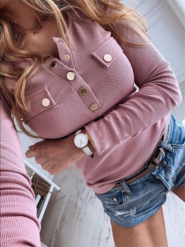 Women's Blouse Pocket Buttons Solid Color Stylish Casual