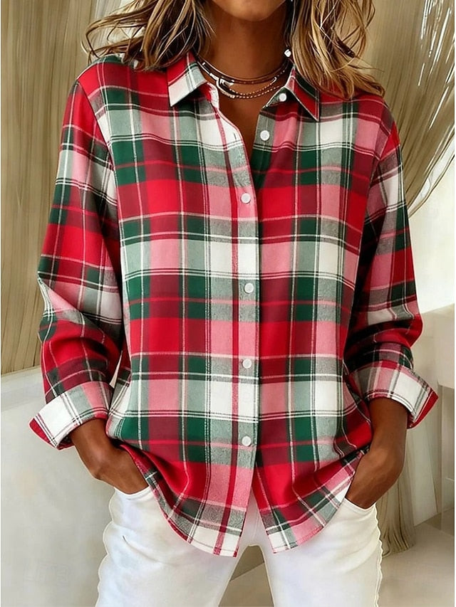 Women's Shirt Blouse Patchwork Buttons Print Plaid Casual