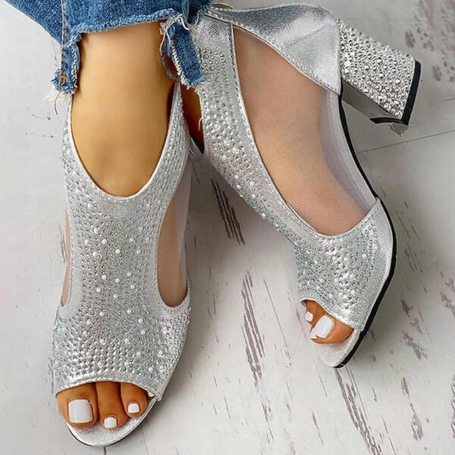 Women's Elegant Toe Peep with Heeled Glitter Sandals Gold