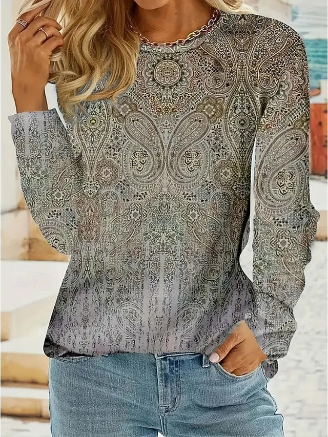 Women's T shirt Crew Neck Long Sleeve Tunic Floral Graphic