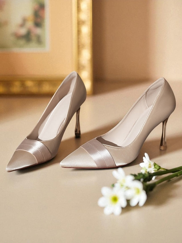 - Toe Satin Women's Pointed Pumps Champagne High Heel