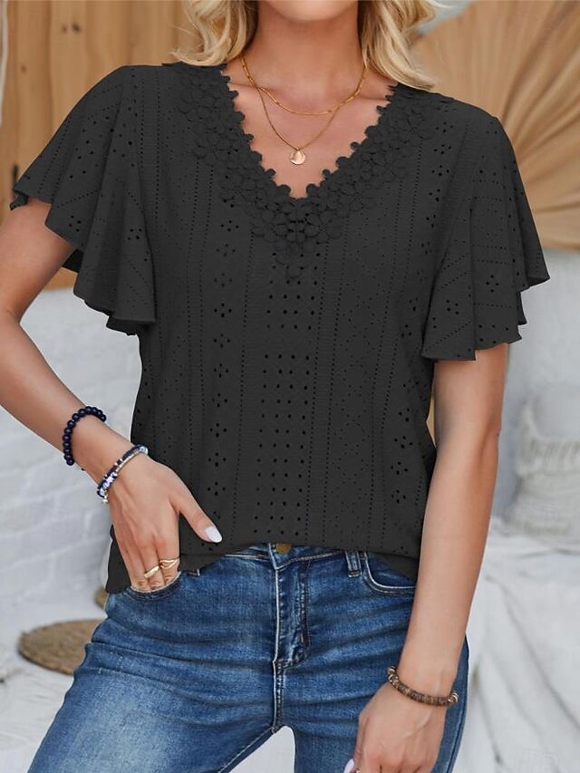 Women's Pointelle Shirt Eyelet Top Lace Shirt Lace Short