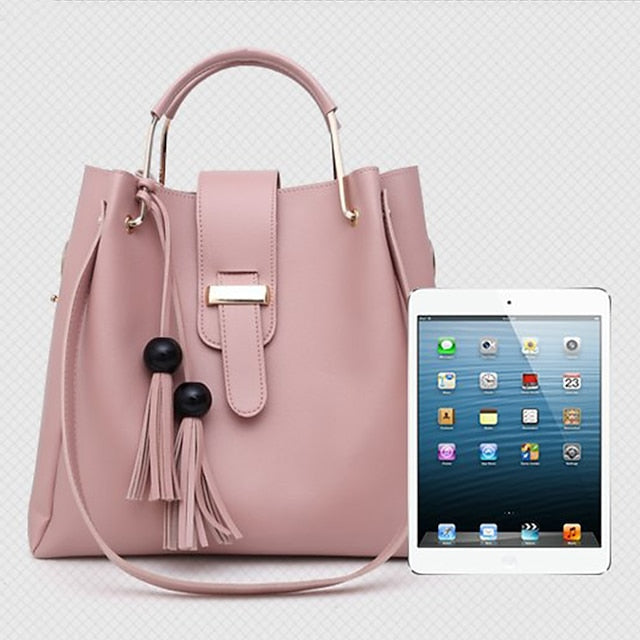 Tote Pink Leather - Handbag Faux Women's Set 3-Piece