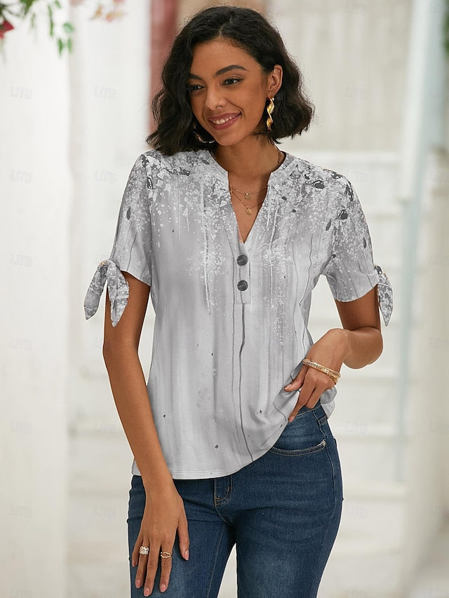 Women's T shirt Tee Graphic Print V Neck Tie Short Sleeve