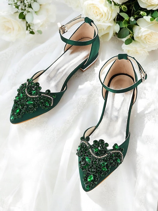 Style Gemstone Flats Vintage Embellished – Green Pointed-Toe