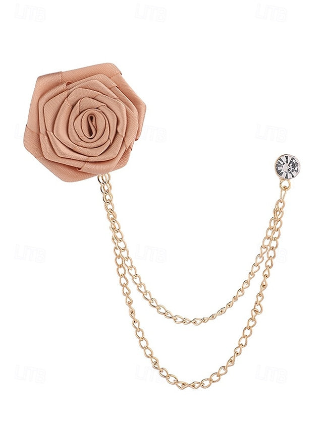 Men's Lapel Pin Rose with Chain Gold Elegant – Red