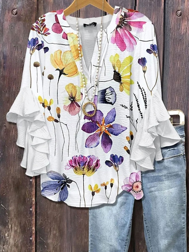 Women's Blouse V Neck Layered Ruffle Sleeve Tops Floral