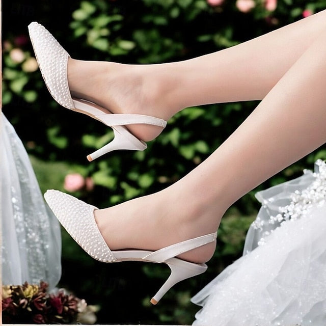 Heels Women's White Pearl Slingback – Embellishments with