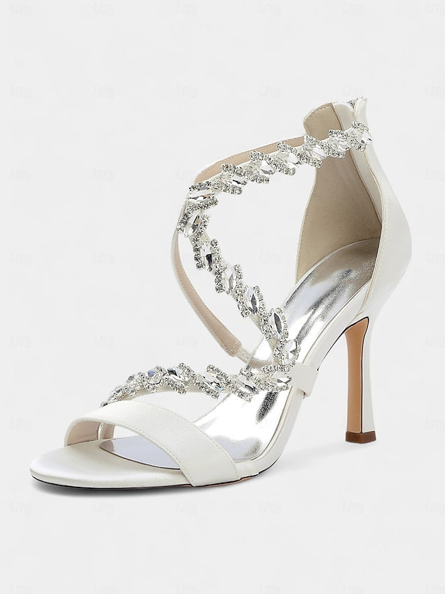 Sandals Rhinestone High Strappy Women's White - Heel