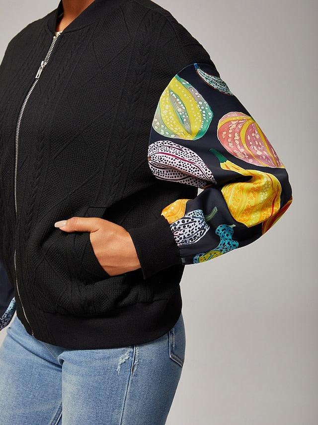 Women's Bomber Jacket Casual Street Patchwork Pumpkin Print