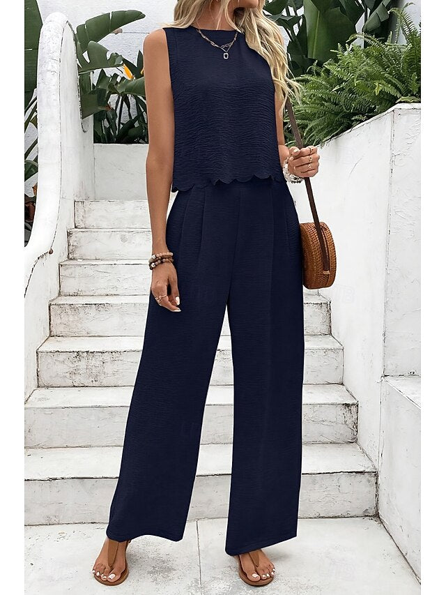 Women's Blouse Pants Sets Sleeveless Crew Neck Solid Color