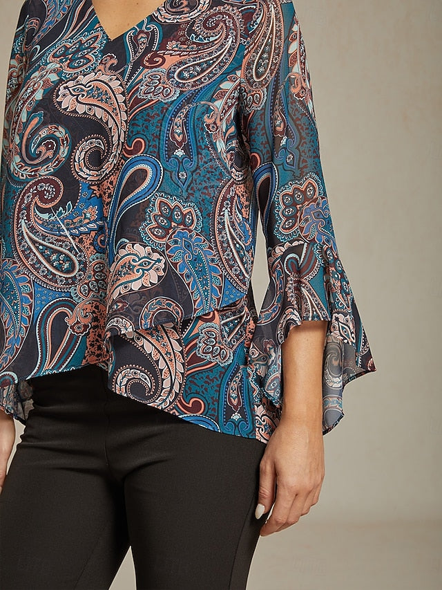 Women's Boho Shirt Blouse Ruffle Paisley Vintage Stylish