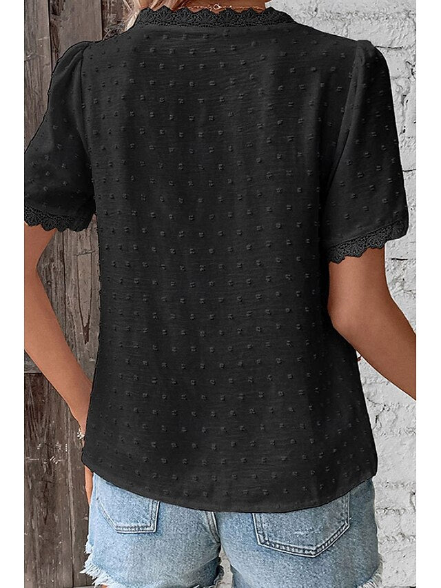 Women's T Shirt Lace Solid Color Fashion Short Sleeve V