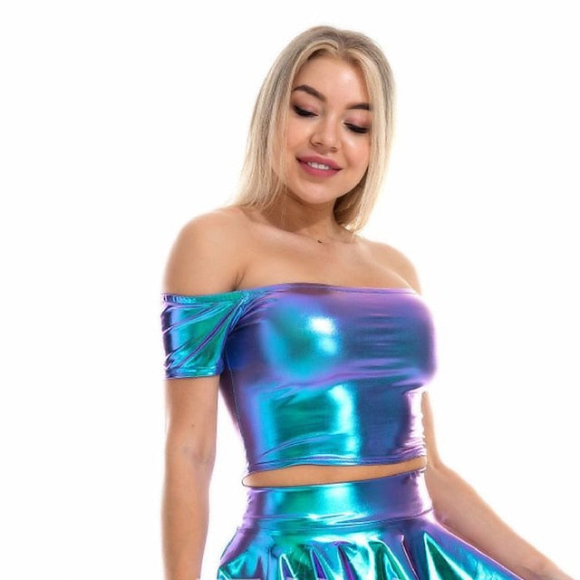 Metallic 1980s Shiny Latex Patent Crop Top PU Leather Off