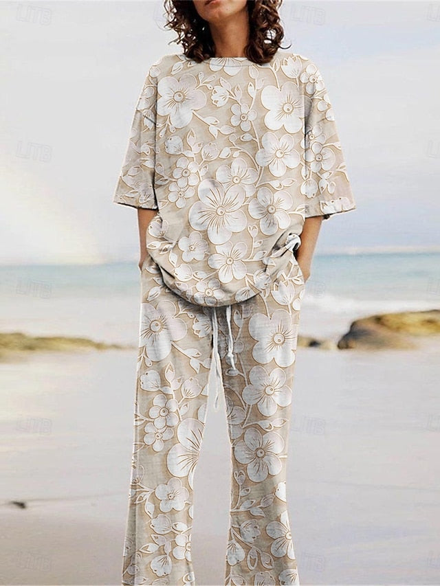 Women's Pants Sets 3/4 Length Sleeve Crew Neck Floral Print