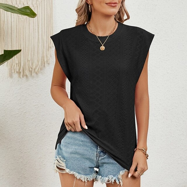 Women's Texture Blouse Eyelet Top Pointelle Tee Tank Top