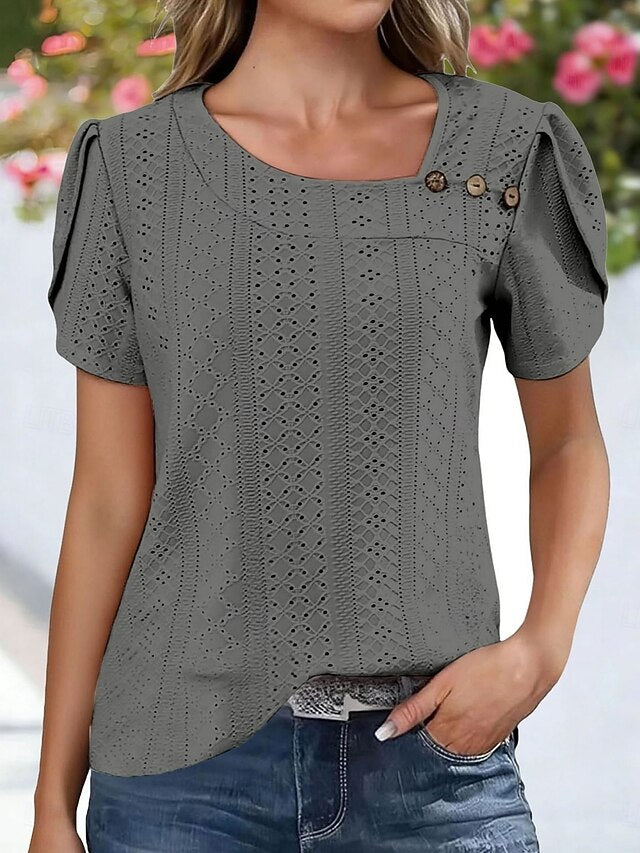 Women's Shirt Pointelle Shirt Eyelet Top Blouse Eyelet