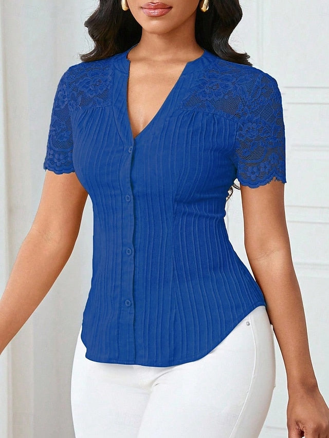 Women's T Shirt Tee Top Lace Patchwork Plain Elegant