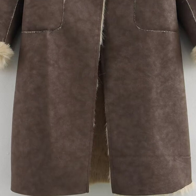 Fur Buttons Pocket Faux Coat Comfortable Warm Women's