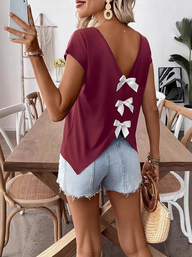Women's T Shirt Tee Top Bow Plain Fashion Stylish Classic