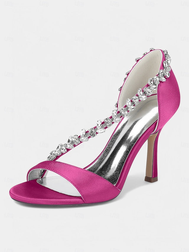 – Satin Champagne Crystal High Women's Heels T-Strap with