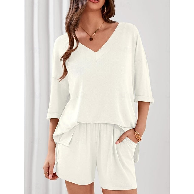 Women's Shorts Sets 3/4 Length Sleeve V Neck Solid Color