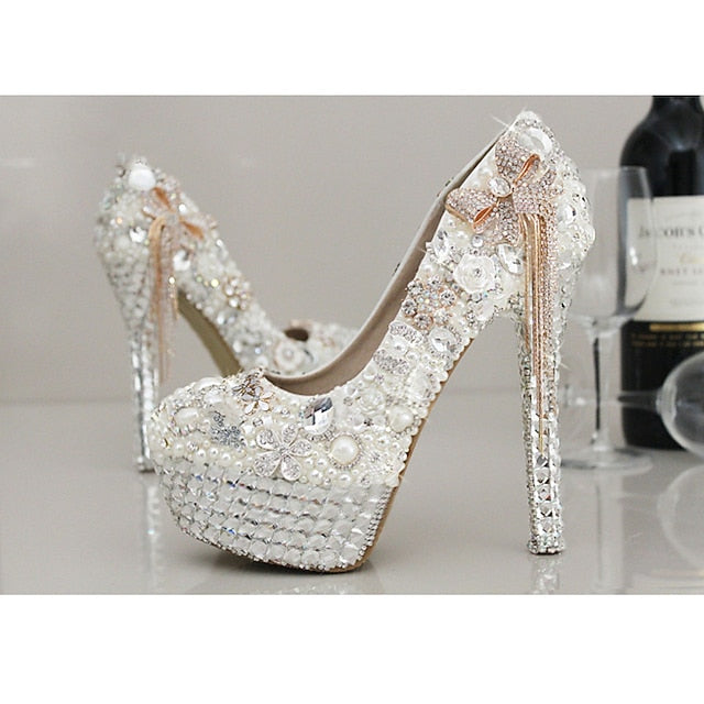 and Platform Rhinestone Women's White Embellished Pearl