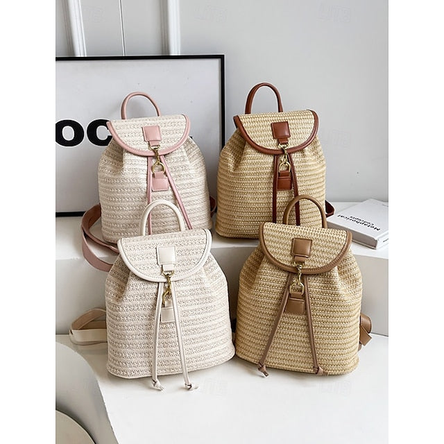 Women Backpack Straw for – Boho Rattan Travel with Woven Bag