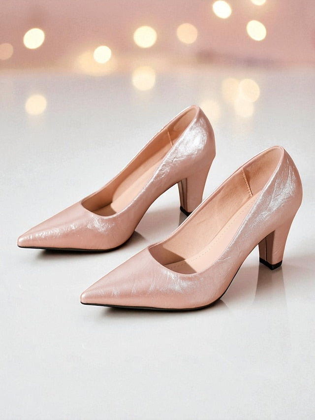 Heel Block Pointed - Nude Party Pumps Toe Women's Glossy