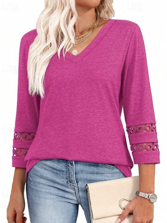 Women's T Shirt Eyelet Plain Casual Long Sleeve V Neck