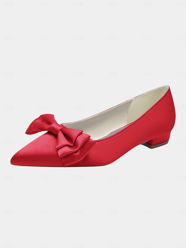 Women's Pointed Satin Bow Green - Flats Toe Elegant