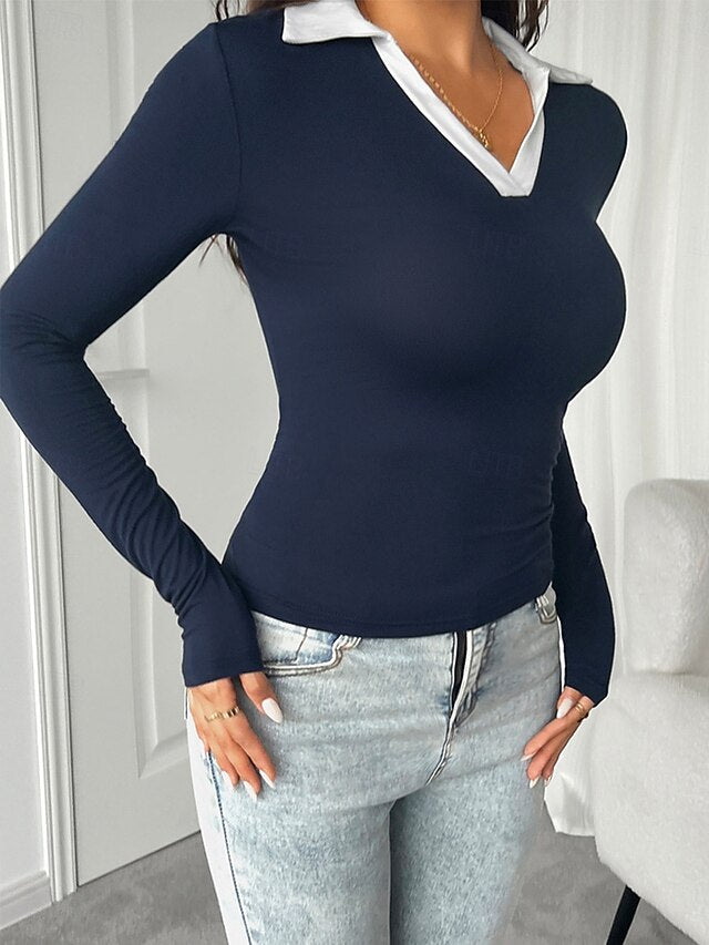 Women's Shirt Blouse Color Block Basic Casual Long Sleeve