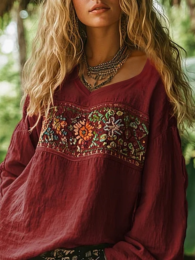 Women's Western Blouse Boho Shirt Blouse Faux Cotton Linen