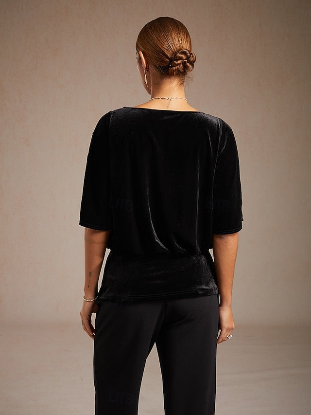 Women's Velvet Dressy Tops Beaded Cut Out Elegant Party