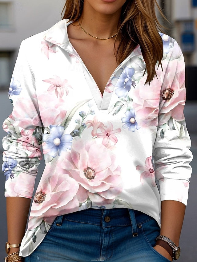 Women's T Shirt Rose Modern Long Sleeve V Neck T Shirt