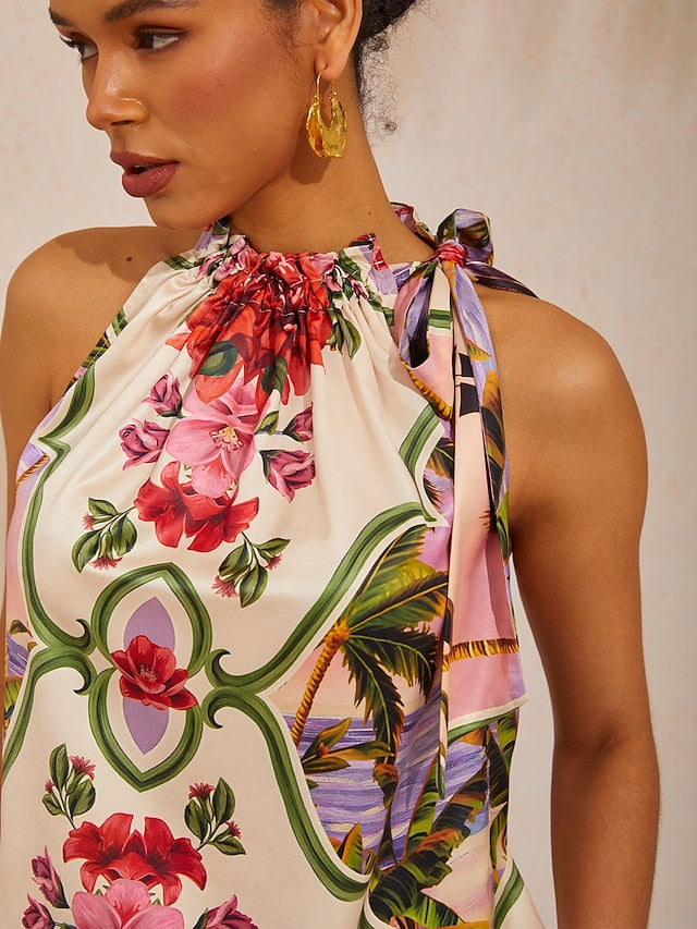 Hawaii Palm Silky Satin Floral Top