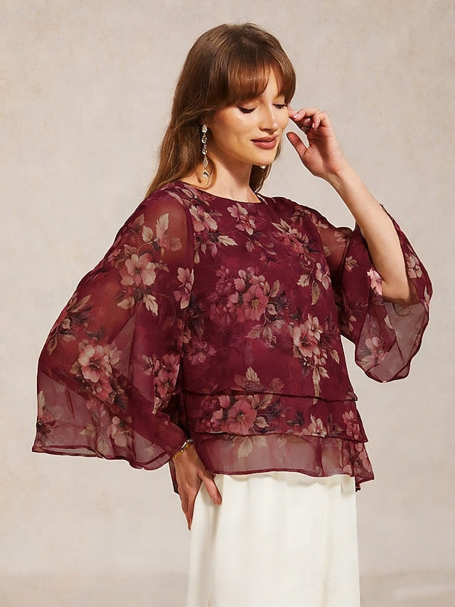 Women's Chiffon Tops Lace up Floral Elegant 3/4 Length