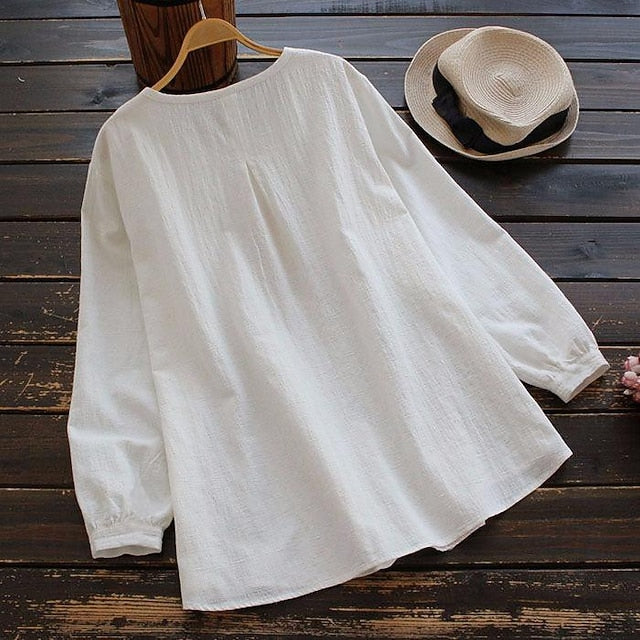 Women's Shirts Long Cotton Top Faux Cotton Linen White