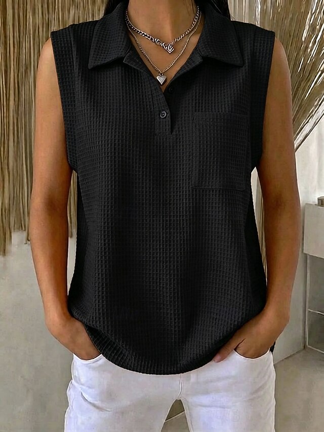 Women's Waffle Tank Top Polo Shirts Tee Pocket Stylish