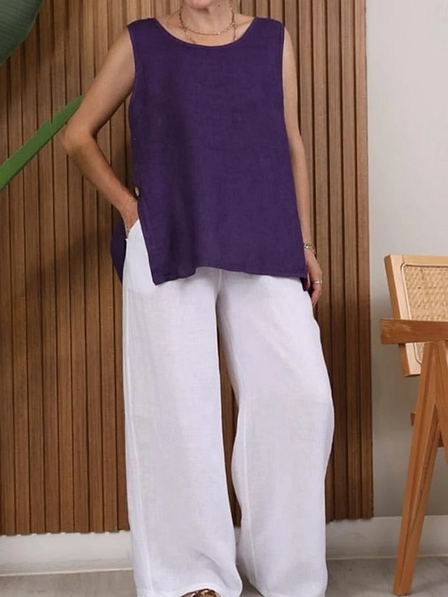 Women's T Shirt Faux Linen Shirt Tee Top Buttons Plain