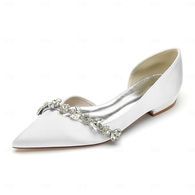 White Satin Flat Shoes Crystal Pointed Wedding with and Toe