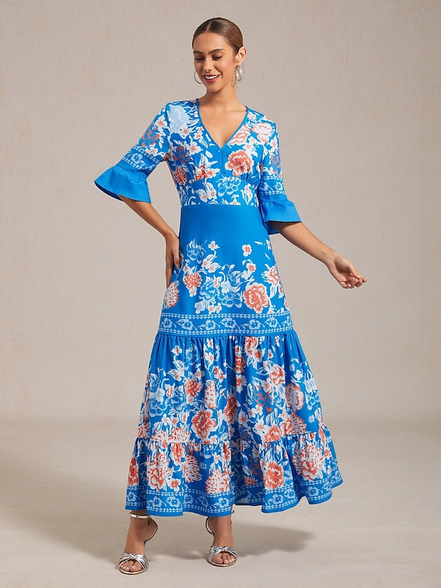 Satin V Neck Sky Blue Tiered Hem Floral Print Vacation Maxi