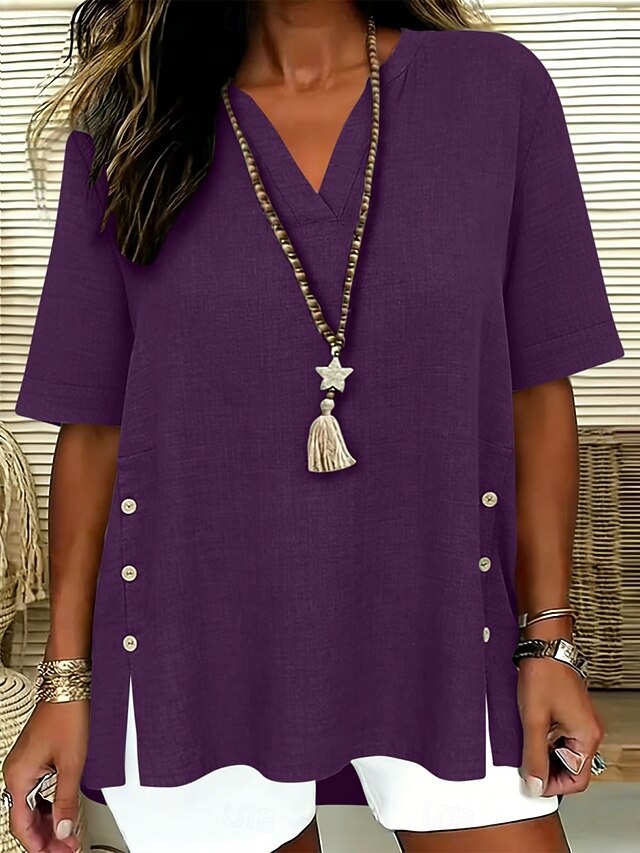 Women's Blouse Faux Linen Shirt Buttons Solid Color Daily