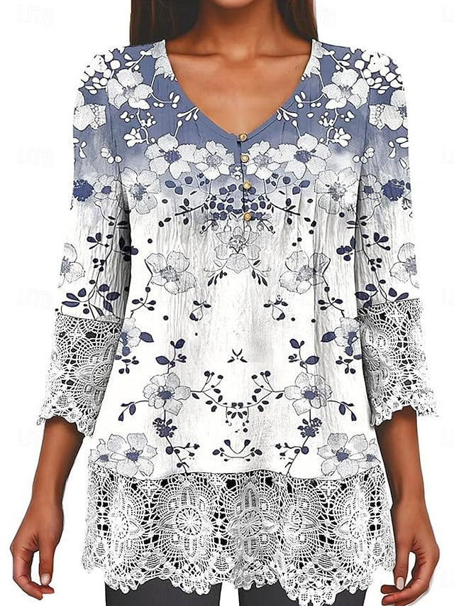 Women's Boho Shirt Tunic Lace Buttons Ombre Floral Stylish