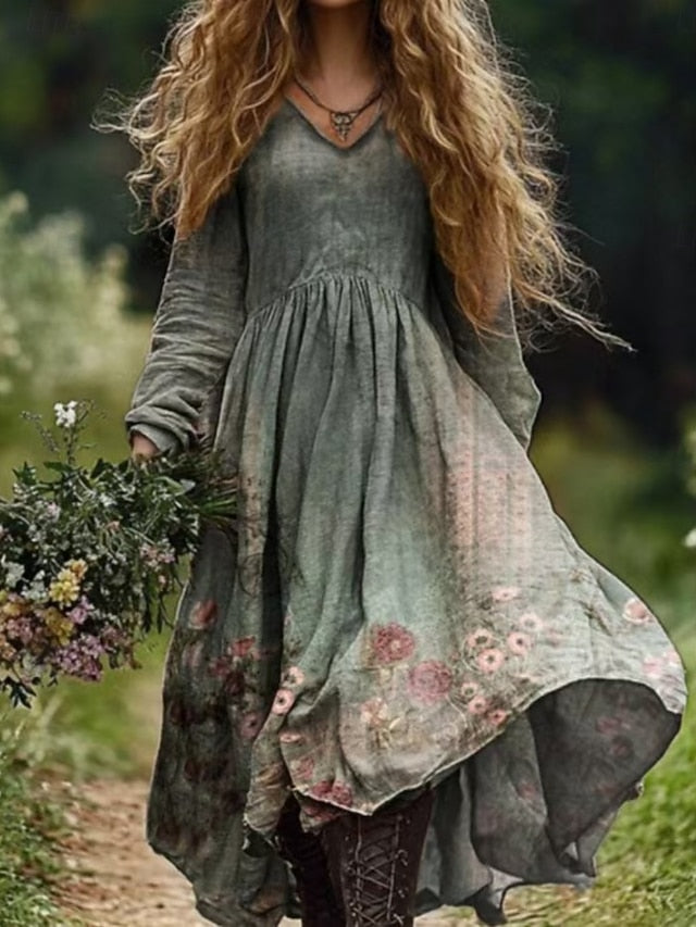 Women's Boho Dress Floral V Neck Maxi Dress Vintage Dress