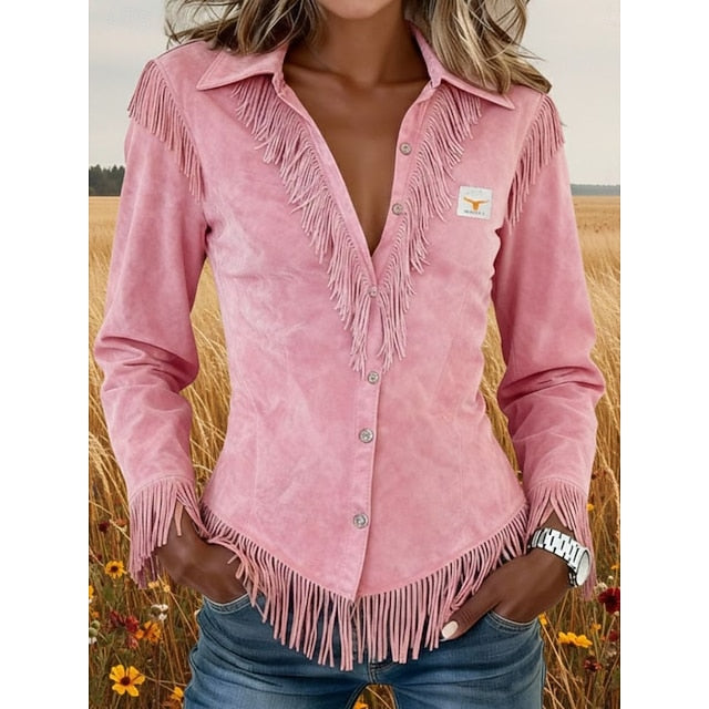 Women's Shirt Blouse Patchwork Buttons Fringe Plain Stylish