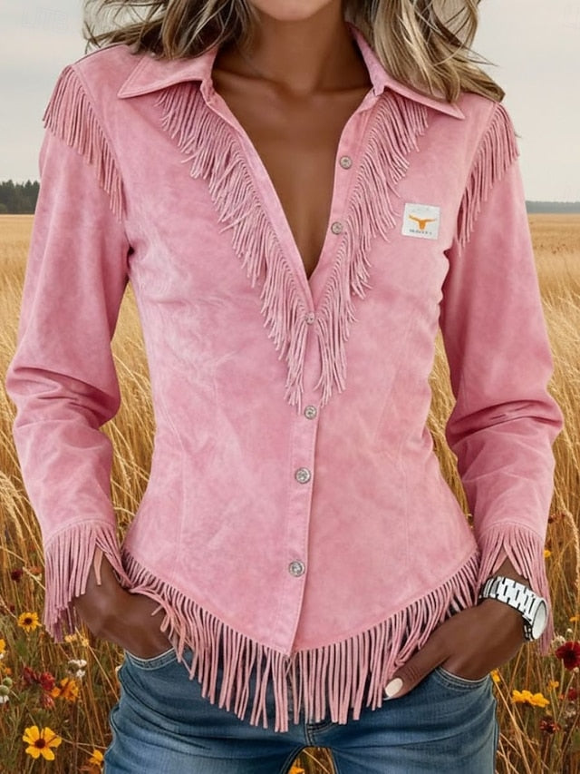 Women's Shirt Blouse Patchwork Buttons Fringe Plain Stylish