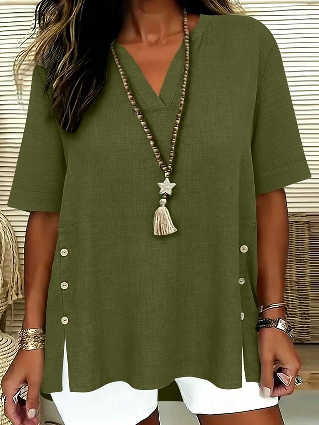 Women's Blouse Faux Linen Shirt Buttons Solid Color Daily